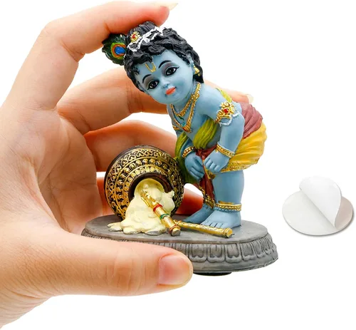 Estatua de ídolo hindú de Krishna – 3.7 pulgadas de alto pequeño ladrón de mantequilla Makhan para decoración de tablero de automóvil, regalo de