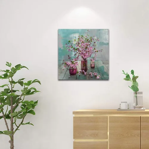Miniatura 2 de Acocifi Lienzo de flores rosas para pared, cuadro abstracto, verde azulado, turquesa, acuarela, melocotón, pintura, enmarcado, para baño, sala
