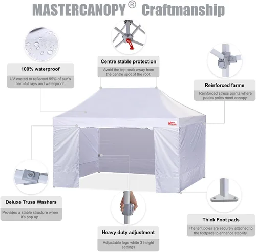 Miniatura 2 de MASTERCANOPY Carpa Plegable Resistente con Paredes Laterales (10x15, Blanco)
