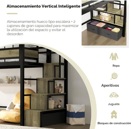 Miniatura 3 de soges Cama tipo loft con escaleras, cama alta de metal con cajones de almacenamiento, ideal para dormitorios, apartamentos, habitaciones de niños