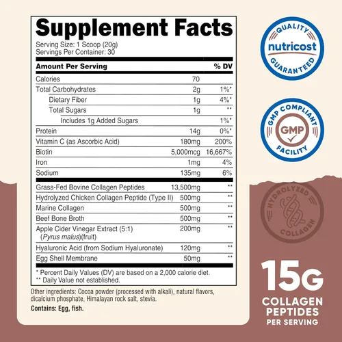 Miniatura 2 de Nutricost Multi colágeno + belleza y proteína en polvo (sabor chocolate con leche) 30 porciones - con biotina y péptidos de colágeno, sin OMG, sin