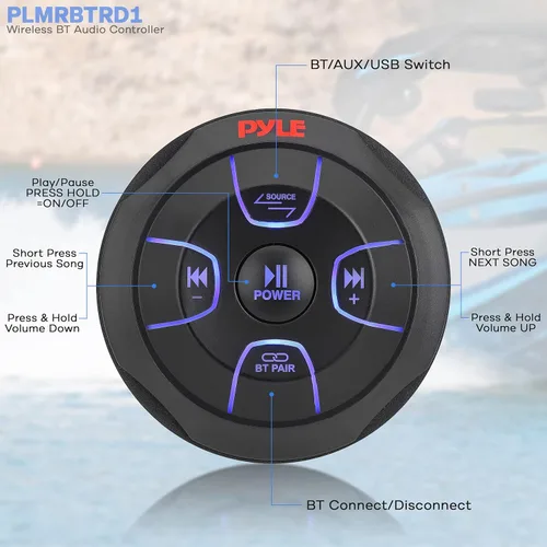 Miniatura 2 de Pyle Pyle PLMRBTRD1 - Controlador de audio Bluetooth inalámbrico Bluetooth con botón multimedia, receptor marino, control remoto con USB, AUX
