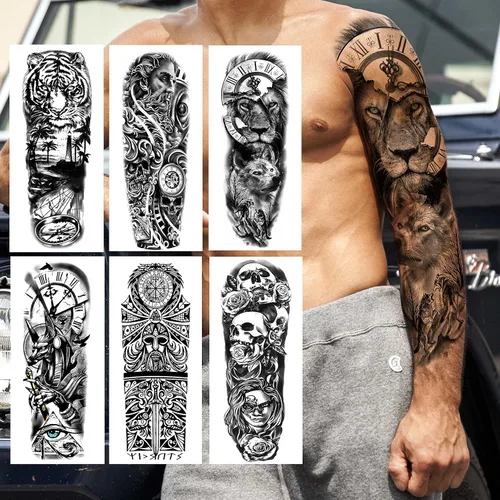 Miniatura 5 de COKTAK 21 hojas de tatuajes temporales negros extra grandes para mujeres y adultos, mito griego con 8 hojas de manga de tatuaje temporal de brazo