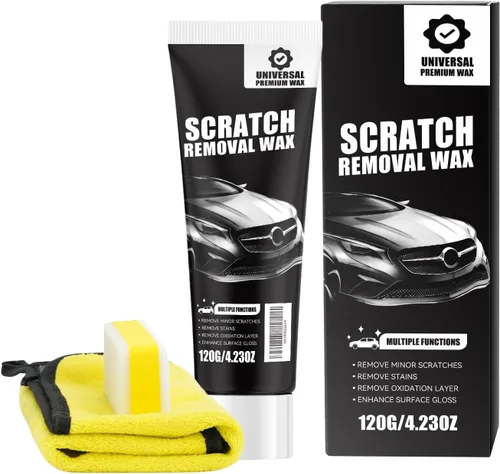 Cera universal para eliminar arañazos de coche, 4.23 onzas, elimina arañazos menores, manchas, oxidación, mejora el brillo, con esponja y paño de