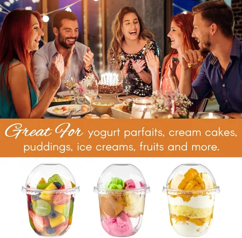Miniatura 4 de Zezzxu Paquete de 50 vasos de postre de plástico de 9 onzas con tapas de cúpula (sin agujero) y tenedores, vasos desechables para frutas, helados
