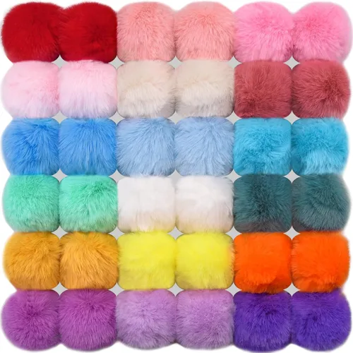 BQTQ 36 pompones de piel sintética con lazo elástico, pompones de piel sintética de conejo para sombreros, zapatos, bufandas, guantes, bolsas,