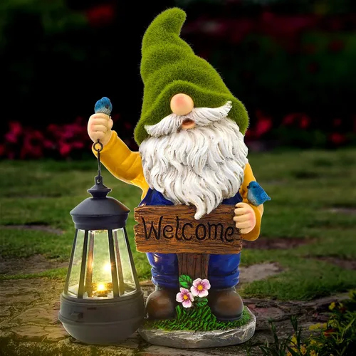 Olekki Gnomos de jardín de Navidad para exteriores, estatua de gnomo flocada con luces LED solares | Gnomos decoraciones de jardín para patio, Gnomo