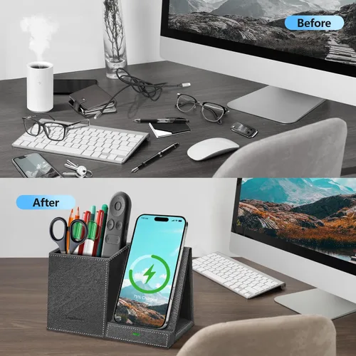 Miniatura 2 de TopMade Cargador inalámbrico con soporte para lápiz para bolígrafo, organizador de mesita de noche de escritorio multifuncional de cuero, estación