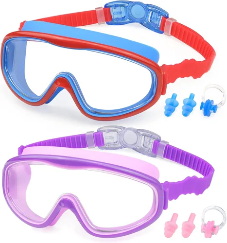 Miniatura 12 de KAILIMENG Gafas de natación para niños, paquete de 2 gafas de natación para edades de 3 a 15 años, antivaho y anti-rayos UV Cear de visión amplia