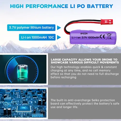 Miniatura 5 de Batería de iones de litio de 3.7 V 1000 mAh con enchufe JST-2P y cargador de 1 a 5 para Huina 1337 1338 1516 1517 RC vehículo de ingeniería