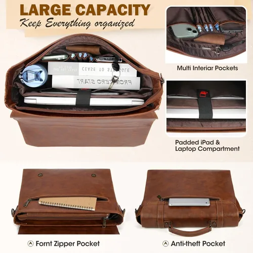 Miniatura 4 de RAINSMORE Bolsa de mensajero para hombre de 17 pulgadas, impermeable, de piel vintage, maletín para laptop, bolsa grande para laptop, bolsa de Marrón