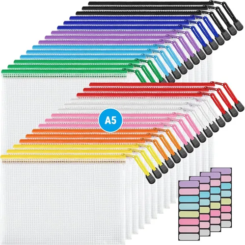 Miniatura 13 de JARLINK Paquete de 20 bolsas de malla con cremallera de 10 colores, tamaño carta/tamaño A4, bolsas de plástico resistentes al agua, para suministros