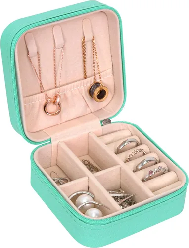 Joyero pequeño de piel sintética, portátil, organizador de joyas para mujeres y niñas, organizador de joyas y almacenamiento para anillos, aretes,