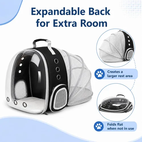 Miniatura 3 de Mochila expandible para gatos y perros, mochila de viaje para mascotas con ventana de burbujas con malla transpirable, estructura anticolapso, Negro