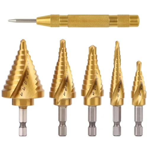 Miniatura 2 de Juego de 5 brocas escalonadas con punzón central automático, brocas de acero de titanio HSS de alta velocidad, 50 tamaños para metal, aluminio