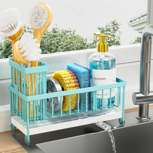 Miniatura 23 de Cisily Soporte de esponja negro extra grande para fregadero de cocina, organizador de fregadero con soporte alto para cepillos, organizadores
