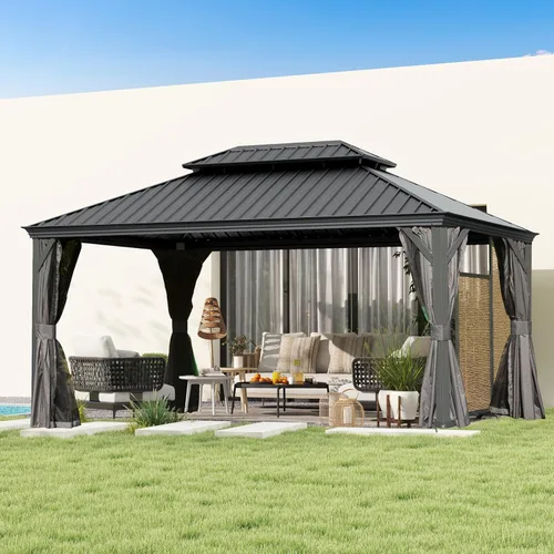 Miniatura 37 de Domi - Cenador de techo rígido de 8 x 8 pies con malla y cortinas, cenador para exteriores con techo doble de acero galvanizado para patio, césped