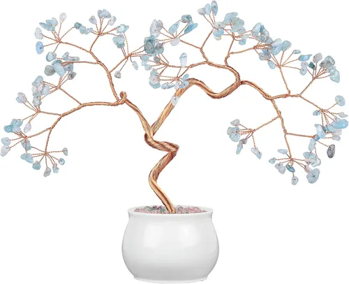 Miniatura 7 de Rockcloud Árbol de dinero de cristal curativo de aguamarina de 6.5 pulgadas, bonsái Fengshui con base de cerámica para buena suerte, riqueza