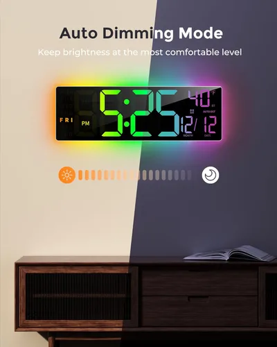 Miniatura 7 de EASYERA Reloj de pared digital grande de 16.5 pulgadas con sincronización BT, luces RGB con control remoto de 11 escenas, reloj LED grande