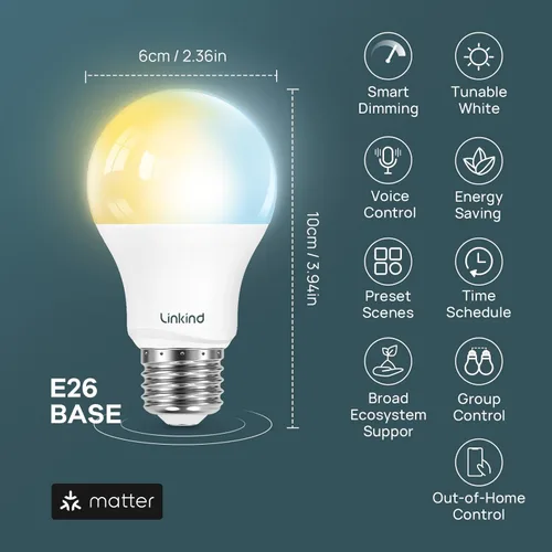 Miniatura 7 de Linkind Matter - Bombilla inteligente, bombillas de luz blanca suave a luz diurna sintonizables, bombillas inteligentes funcionan con Apple Home