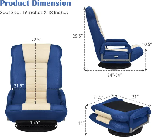 Miniatura 3 de S AFSTAR Silla de juegos de suelo, silla plegable giratoria con reposabrazos y respaldo ajustable de 6 posiciones, balancín plegable para lectura