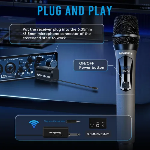 Miniatura 5 de NEW BAXS Micrófonos inalámbricos, sistema de micrófono dual de karaoke, Microfonos Inalambricos con receptor recargable, juego de micrófono dinámico