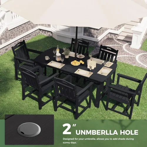 Miniatura 5 de HDPE - Juego de comedor al aire libre, mesa y sillas de patio, mesa exterior de 7 piezas y 6 sillas, agujero para sombrilla de 2 pulgadas, muebles