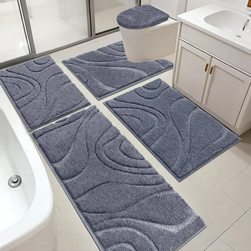Miniatura 26 de Juego de alfombras de baño HEBE de 5 piezas, tapete de baño de microfibra suave y absorbente para el baño, juego de alfombras de baño antideslizante