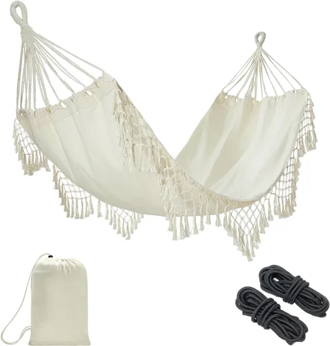 JoyView Hamaca individual de macramé bohemia con cuerdas para colgar y elegantes borlas, hamaca portátil de algodón de 78.8 x 39.4 pulgadas, para