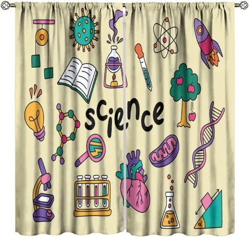 Miniatura 27 de Cortinas opacas para ventanas de ciencia para niños, lupa de libro de laboratorio de ciencia, lupa, frascos moleculares, cortinas impresas
