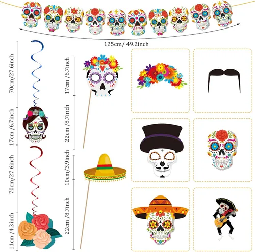 Miniatura 2 de 24 piezas de accesorios para cabina de fotos del Día de los Muertos, decoración colgante de fiesta de calavera para el Día de los Muertos
