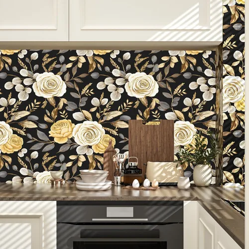 Miniatura 3 de Papel tapiz floral oscuro, papel tapiz autoadhesivo para despegar y pegar, papel tapiz de vinilo negro bohemio para armarios, papel adhesivo