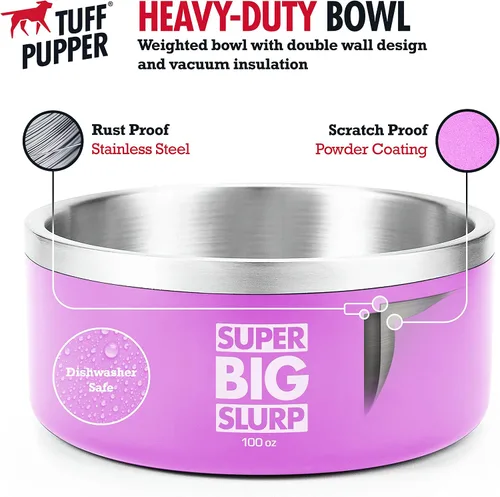 Miniatura 2 de Tuff Pupper Cuenco de acero inoxidable aislado resistente de 100 onzas para perros grandes, base antideslizante, apto para lavavajillas Rosa Punch