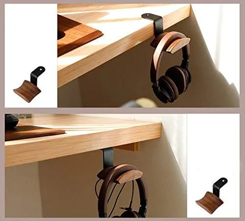 Miniatura 2 de KiaoTime Soporte para colgar auriculares, soporte para auriculares de madera de nogal, ajuste universal (montaje debajo del escritorio)
