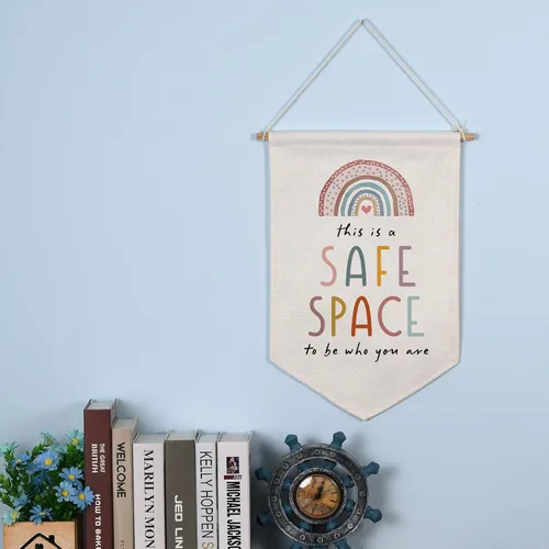 Miniatura 4 de Este es un espacio seguro para ser quien eres Arte de positividad neutral Bandera de pared para sala de juegos de niños Bandera de decoración