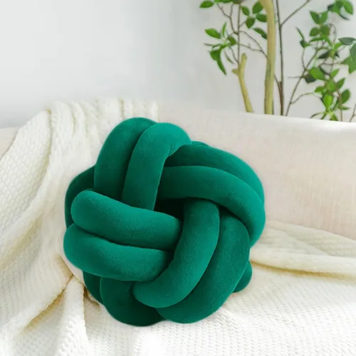 Cojín de nudo hecho a mano, almohada de nudo de felpa suave, almohada decorativa, cojín redondo de bola (verde esmeralda, 11 pulgadas)