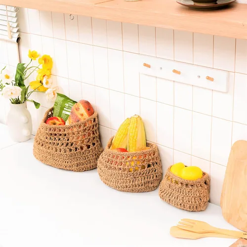 Miniatura 4 de Cesta colgante de frutas, cesta colgante de pared de yute tejida de 3 niveles para organizar, cesta colgante de productos para almacenamiento