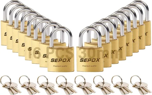 SEPOX® Paquete de 16 candados de latón macizo con las mismas llaves, 24 piezas, cuerpo resistente y compacto de 1-3/16 pulgadas, cerradura pequeña y