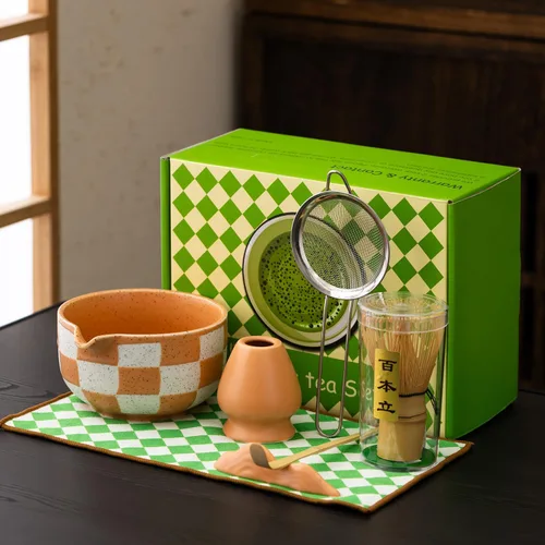 Juego de té Matcha prémium de 7 piezas, estilo tradicional japonés con elegante patrón de rejilla, incluye batidor de bambú, cuenco de cerámica,