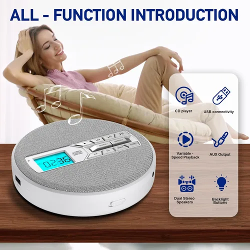 Miniatura 8 de Reproductor de CD portátil, reproductor de CD portátil recargable con altavoces duales y anti salto, CD, USB, AUX, pantalla LCD, botón sensible, 5