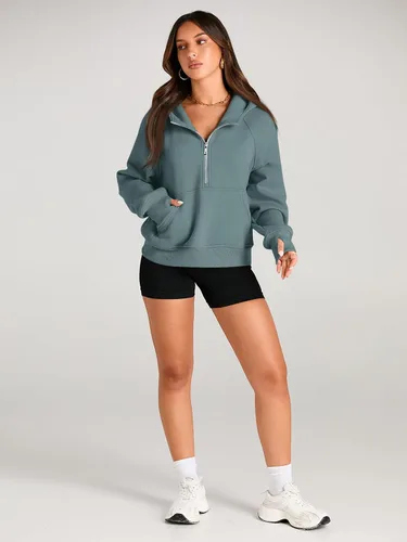 Miniatura 4 de AUTOMET Sudaderas con media cremallera, sudaderas cortas de forro polar para mujer, suéteres con cremallera de un cuarto, trajes de otoño, ropa