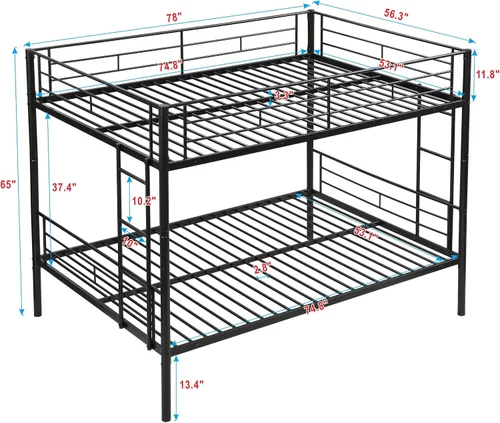 Miniatura 2 de EMKK Litera de metal de tamaño matrimonial sobre matrimonial, litera de tamaño matrimonial con barandilla de seguridad y escaleras, diseño que