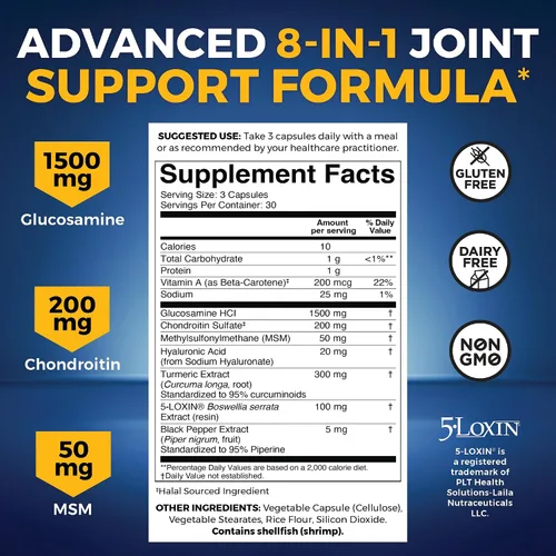 Miniatura 3 de Viva Naturals Suplemento de apoyo articular de glucosamina condroitina MSM, 90 cápsulas - con cúrcuma, pimienta negra, boswellia y ácido hialurónico