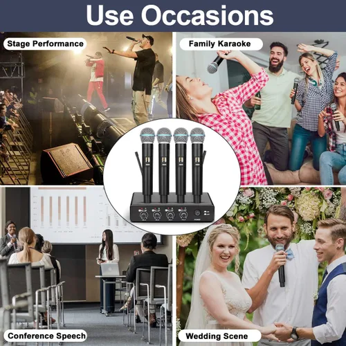 Miniatura 9 de Depusheng R4 - Micrófonos inalámbricos para karaoke profesional, 4 canales, sistema de micrófono inalámbrico de mano, micrófono dinámico de metal
