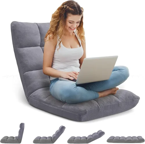Miniatura 4 de Silla de suelo plegable Avocahom para juegos con 14 posiciones, silla de sofá perezoso ajustable con cojín, con algodón transpirable y coral de Gris