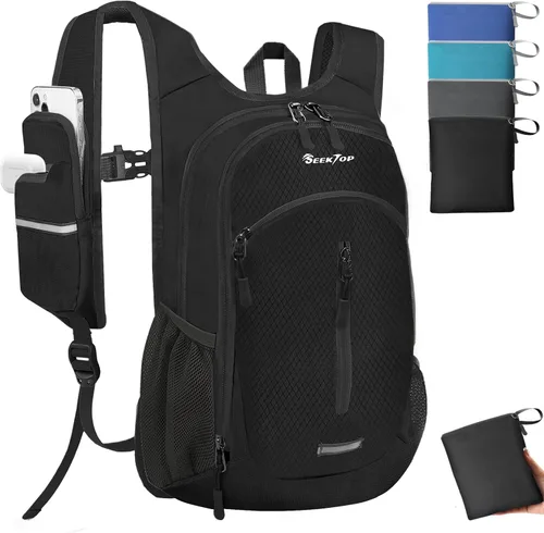 Seektop Mochila de senderismo pequeña de 15 L para viajes, impermeable, ligera, bolsa de senderismo para mujeres y hombres Negro