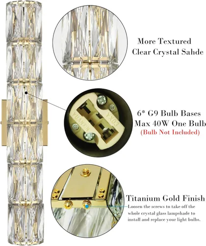 Miniatura 3 de SAMTEEN Aplique de pared de cristal de 23.6 pulgadas, apliques dorados, iluminación de pared moderna de mediados de siglo, 6 luces de montaje