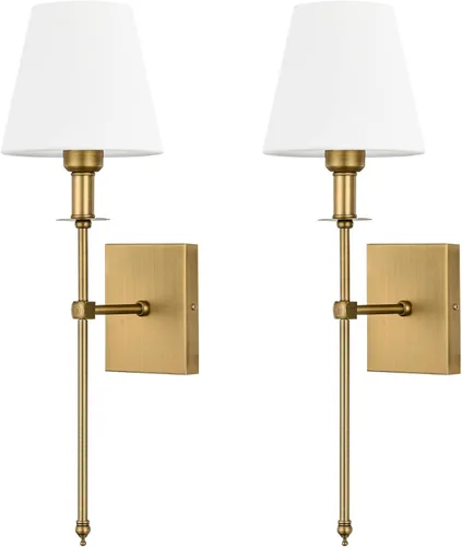 Pauwer Juego de 2 apliques de pared delgados con pantalla de tela blanca cableada para interiores, soporte de columna para dormitorio, lámpara de