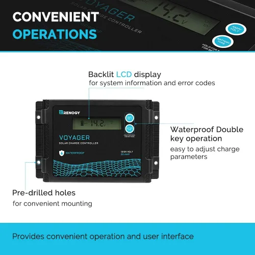 Miniatura 5 de Renogy Voyager 20A 12V/24V PWM controlador de carga solar impermeable con pantalla LCD para batería AGM, de gel, con celdas húmedas y de litio
