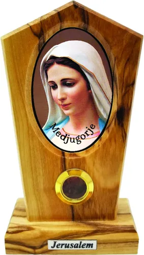 Miniatura 10 de Logos Trading Post Virgen María de Jerusalén (bizantina), icono católico de pie con imagen a todo color, madera de olivo de tierra santa de Israel